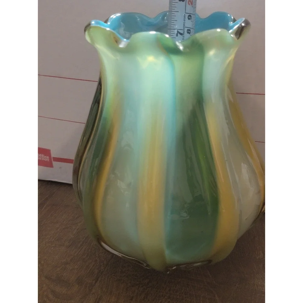 Vintage Art Glass Vase Swirl Green Yellow Iridescent Fluted Top Bud murano style